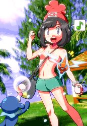 Rule 34 | 1girl, :d, bad id, bad pixiv id, bag, beanie, between breasts, black hair, blush, body blush, bracelet, breasts, bubble, collarbone, commentary request, creatures (company), day, eyelashes, game freak, gen 4 pokemon, gen 7 pokemon, grass, green shorts, grey eyes, hand up, hat, holding, holding poke ball, jewelry, knees, medium hair, musical note, nintendo, open mouth, outdoors, poke ball, poke ball (basic), pokemon, pokemon (creature), pokemon sm, popplio, red headwear, rorretsim, rotom, rotom (normal), selene (pokemon), shiny skin, short shorts, shorts, shoulder bag, smile, spoken musical note, standing, strap between breasts, teeth, tongue, topless, upper teeth only, z-ring