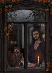 Rule 34 | 1boy, absurdres, baldur&#039;s gate, baldur&#039;s gate 3, bara, beard stubble, book, brown hair, candle, cat, character request, dungeons &amp; dragons, facial hair, feathered wings, frown, gale (baldur&#039;s gate), highres, holding, holding book, looking outside, male focus, mature male, medium hair, mustache stubble, nyeigneous, solo, sparse chest hair, stubble, thick eyebrows, upper body, window, wings, yawning
