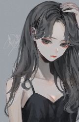 Rule 34 | 1girl, arm at side, beni (bn12x20), black dress, black eyes, black hair, closed mouth, commentary request, dress, hand in own hair, highres, looking at viewer, red lips, signature, solo