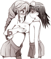 Rule 34 | 10s, 2girls, asymmetrical docking, blush, braid, breast envy, breast press, breasts, clenched hand, commentary request, cowboy shot, empty eyes, eye contact, flat chest, from side, gloves, jitome, kantai collection, large breasts, long hair, looking at another, monochrome, multiple girls, navel, naz (garyuuya), noshiro (kancolle), pleated skirt, ponytail, ryuujou (kancolle), shaded face, simple background, skirt, standing, topless, twintails, visor cap, white background, white gloves, yuri