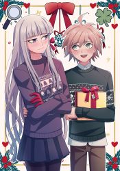Rule 34 | 1boy, ahoge, alternate costume, blunt bangs, blush, bow, braid, brown hair, cheer (cheerpuppy14), christmas ornaments, christmas sweater, clover, collared shirt, commentary, couple, crossed arms, danganronpa: trigger happy havoc, danganronpa (series), english commentary, four-leaf clover, gift, gloves, gradient hair, green eyes, green sweater, hair ribbon, hand on another&#039;s stomach, highres, kirigiri kyoko, long hair, long sleeves, magnifying glass, multicolored hair, naegi makoto, open mouth, pantyhose, purple eyes, purple sweater, red bow, red gloves, red ribbon, ribbon, shirt, side braid, skirt, smile, squinting, sweater, symbol-only commentary, teeth, upper teeth only, white background, white shirt