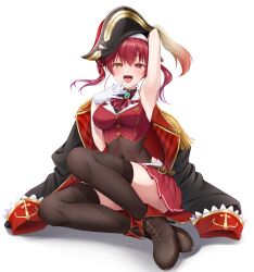 Rule 34 | 1girl, hat, hololive, houshou marine, jacket, nagura shiro, open clothes, open jacket, open mouth, red eyes, red hair, simple background, solo, twintails, yellow eyes