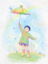 Rule 34 | 1boy, animal-themed umbrella, arm up, black eyes, black hair, blush, boots, bowl cut, child, commentary, day, full body, grass, highres, holding, holding umbrella, kageyama shigeo, kay tee kat, long sleeves, male focus, mob psycho 100, open mouth, outdoors, raincoat, rubber boots, short hair, shorts, smile, solo, standing, symbol-only commentary, umbrella