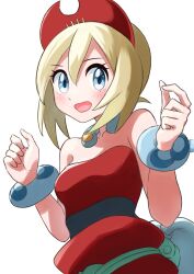 Rule 34 | 1girl, bare arms, bare shoulders, black sash, blonde hair, blue eyes, bob cut, bracelet, breasts, collar, collarbone, creatures (company), game freak, hair between eyes, hairband, highres, irida (pokemon), jewelry, medium breasts, mikan (mikan no happa), neck ring, nintendo, pearl clan outfit, pokemon, pokemon legends: arceus, red hairband, red shirt, sash, shirt, short hair, shorts, solo, strapless, strapless shirt, upper body, waist cape, white shorts
