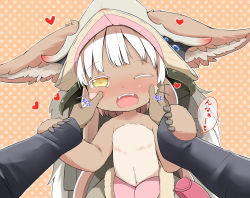Rule 34 | 1girl, animal ears, blush, brown background, brown eyes, ears through headwear, fangs, furry, grey hat, hands on another&#039;s cheeks, hands on another&#039;s face, hat, heart, long sleeves, looking at viewer, made in abyss, makuran, nanachi (made in abyss), nose blush, one eye closed, open mouth, out of frame, polka dot, polka dot background, solo focus, topless, translation request, whiskers, white hair