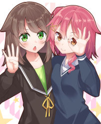 Rule 34 | 2girls, arm up, black shirt, blush, breasts, brown eyes, brown hair, chestnut mouth, closed mouth, collarbone, collared shirt, commentary request, fang, green eyes, green shirt, hair between eyes, hair flaps, hair ornament, hairclip, hand up, highres, long hair, long sleeves, multiple girls, neck ribbon, ok sign, ok sign over eye, open mouth, original, partner (kprtnr), pink hair, ribbon, shirt, side-by-side, small breasts, smile, white shirt, x hair ornament, yellow ribbon