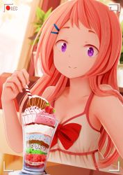 Rule 34 | 1girl, bare shoulders, blurry, blurry background, bow, breasts, cleavage, closed mouth, collarbone, commission, depth of field, dress, fingernails, gamers!, hair ornament, hairclip, highres, holding, indoors, kirimatsu, long hair, looking at viewer, orange hair, parfait, purple eyes, recording, red bow, sakurano aguri, sleeveless, sleeveless dress, small breasts, smile, solo, very long hair, white dress