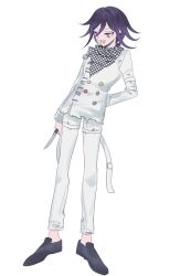 Rule 34 | 1boy, :d, black footwear, checkered clothes, checkered scarf, danganronpa (series), danganronpa v3: killing harmony, full body, grey jacket, hair between eyes, highres, holding, holding knife, jacket, knife, long sleeves, male focus, oma kokichi, open mouth, pants, pink eyes, purple hair, roneco, scarf, shoes, simple background, smile, white pants
