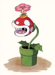 Rule 34 | :d, blush, blush stickers, commentary request, flower, highres, leaf, mario (series), nintendo, no humans, omochiutyu, on head, open mouth, pink flower, piranha plant, plant, sharp teeth, simple background, smile, spindrift, sweatdrop, teeth, tongue, warp pipe, yellow background