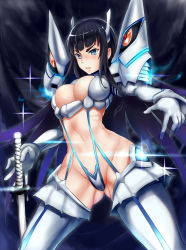 Rule 34 | 10s, 1girl, black hair, blue eyes, blush, breasts, cleavage, curvy, female focus, gloves, gluteal fold, jilllxlxl, junketsu, katana, kill la kill, kiryuuin satsuki, large breasts, long hair, parted lips, revealing clothes, solo, sparkle, suspenders, sword, thighhighs, very long hair, weapon, white gloves, wide hips