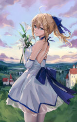 Rule 34 | 1girl, absurdres, ahoge, artoria pendragon (all), artoria pendragon (fate), bare shoulders, blonde hair, blue ribbon, blue sky, breasts, dress, fate/grand order, fate/stay night, fate (series), flower, green eyes, hair ribbon, highres, kuza brs, long hair, looking at viewer, medium breasts, ponytail, ribbon, saber (fate), sidelocks, sky, smile, solo, white dress