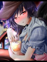 Rule 34 | 1girl, absurdres, bandana, black hair, black wings, blue shirt, blush, breasts, brown hat, commentary request, cowboy hat, cup, drinking glass, drunk, hair between eyes, hat, highres, ice, kurokoma saki, large breasts, letterboxed, looking at viewer, nose blush, oshiaki, parted lips, puffy short sleeves, puffy sleeves, red eyes, shirt, short hair, short sleeves, solo, touhou, upper body, wings