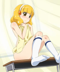 Rule 34 | 10s, 1girl, bad id, bad pixiv id, blonde hair, blush, cardigan, clothes in front, covering privates, curtains, desk, feet, hairband, kise yayoi, kneehighs, no shoes, nude, nude cover, precure, sch, school desk, sitting, smile precure!, socks, solo, white hairband, white socks, yellow eyes