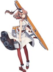 Rule 34 | 10s, 1girl, breast pocket, breasts, dress, drum magazine, flight deck, full body, garter straps, grey eyes, gun, hair between eyes, holding, holding weapon, kantai collection, large breasts, looking at viewer, machinery, magazine (weapon), neckerchief, official art, pocket, red hair, red neckerchief, red thighhighs, roundel, saratoga (kancolle), shirt, shizuma yoshinori, skirt, sleeveless, sleeveless dress, sleeveless shirt, smile, solo, standing, submachine gun, thighhighs, thompson submachine gun, transparent background, trigger discipline, weapon, white dress, white shirt, white skirt, wind, wind lift