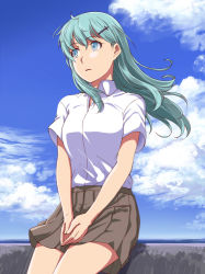 Rule 34 | 1girl, aqua hair, blue eyes, blue sky, breasts, brown skirt, cloud, cloudy sky, cowboy shot, day, hair between eyes, ishii hisao, kantai collection, long hair, looking away, looking to the side, medium breasts, outdoors, own hands together, parted lips, pleated skirt, school uniform, shirt, short sleeves, sitting, skirt, sky, solo, suzuya (kancolle), uniform, v arms, white shirt