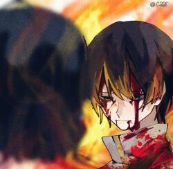 Rule 34 | 1boy, 1girl, black hair, bleeding from forehead, blonde hair, blood, blood on clothes, blood on face, brown hair, chinese commentary, closed mouth, commentary request, film grain, fire, hair between eyes, jabuchi you, male focus, multicolored hair, saaar, saibou shinkyoku, shirt, short hair, smile, white shirt, yanagi nina, yellow eyes