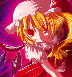 Rule 34 | 1girl, blonde hair, collared shirt, female focus, flandre scarlet, gradient background, haiiro (immature), hat, mob cap, pink background, purple background, red eyes, shirt, solo, touhou, white hat