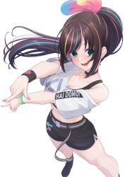 Rule 34 | 1girl, absurdres, aqua eyes, bare shoulders, belt, black choker, black footwear, black shorts, blush, breasts, brown hair, choker, cleavage, crop top, from above, green eyes, gunknown, highres, kizuna ai, kizuna ai (a.i. games), kizuna ai (musician), kizuna ai inc., long hair, medium breasts, midriff, multicolored hair, open mouth, pink nails, pointing, ponytail, romaji text, shirt slip, short shorts, shorts, sidelocks, simple background, smile, solo, streaked hair, swept bangs, virtual youtuber, white background, wristband, zipper shorts