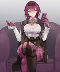 Rule 34 | 1girl, absurdres, black jacket, black shorts, breasts, cellphone, commentary, eyewear on head, feet out of frame, gloves, hands up, highres, holding, holding phone, honkai: star rail, honkai (series), jacket, kafka (honkai: star rail), long hair, looking at viewer, medium breasts, open clothes, open jacket, pantyhose, phone, purple eyes, purple gloves, purple hair, purple pantyhose, shirt, short shorts, shorts, sitting, smartphone, smile, smurtz, solo, sunglasses, white shirt
