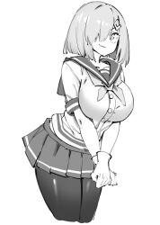 Rule 34 | 1girl, blush, breasts, gloves, greyscale, hair between eyes, hair ornament, hair over one eye, hairclip, hamakaze (kancolle), highres, kantai collection, large breasts, looking at viewer, monochrome, neckerchief, pantyhose, pleated skirt, school uniform, serafuku, short hair, short sleeves, simple background, simplecar, sketch, skirt, smile, solo