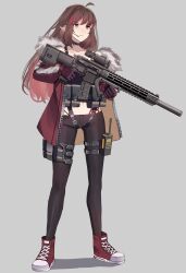 Rule 34 | 1girl, absurdres, ahoge, assault rifle, black choker, black pants, brown eyes, choker, closed mouth, commission, copyright request, full body, gar32, gloves, grey background, gun, headset, highres, holding, holding gun, holding weapon, jacket, midriff, navel, open clothes, open jacket, pants, pointy ears, pouch, purple gloves, red eyes, red footwear, red jacket, rifle, shoes, simple background, solo, standing, thigh pouch, trigger discipline, walkie-talkie, weapon