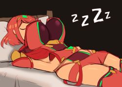 Rule 34 | 1girl, alternate breast size, bed, black background, breasts, closed eyes, commentary, english commentary, large breasts, nortuet, on bed, pyra (xenoblade), red hair, red shorts, short hair, short shorts, shorts, sleeping, swept bangs, xenoblade chronicles (series), xenoblade chronicles 2, zzz