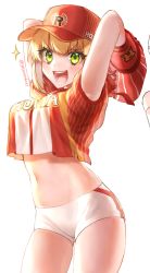 Rule 34 | 1girl, alternate costume, arms behind head, arms up, baseball cap, baseball glove, baseball jersey, baseball uniform, blonde hair, bloom, breasts, cleavage, cowboy shot, crop top, crop top overhang, fate/extra, fate (series), green eyes, groin, hat, imminent throw, jersey, looking at viewer, medium breasts, midriff, navel, nero claudius (fate), nero claudius (fate) (all), nero claudius (fate/extra), open mouth, shiny skin, short shorts, short sleeves, shorts, sidelocks, simple background, smile, sportswear, teeth, thighs, twitter username, white background, white shorts, yayoi maka
