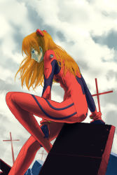 Rule 34 | 1girl, blue eyes, bodysuit, bracer, breasts, cloud, cloudy sky, cross, day, from side, frown, gloves, hair ornament, hair over shoulder, half-closed eyes, knee up, leaning forward, light rays, long hair, looking down, neon genesis evangelion, orange hair, outdoors, pilot suit, plugsuit, profile, red hair, ruins, sitting, sky, small breasts, solo, souryuu asuka langley, sunbeam, sunlight