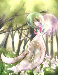 Rule 34 | bob cut, closed eyes, colored skin, creatures (company), dress, energy, falling petals, flower, forest, from side, game freak, gardevoir, gen 3 pokemon, grass, green hair, highres, krystalstar70, multicolored skin, nature, nintendo, petals, pokemon, pokemon (creature), signature, sparkle, tree, two-tone skin, white dress, white skin