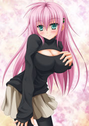 Rule 34 | 1girl, aqua eyes, blush, breasts, cleavage cutout, clothing cutout, hair ornament, hairclip, large breasts, long hair, looking at viewer, meme attire, open-chest sweater, original, pink hair, shunrei (blue sanctuary), smile, solo, sweater