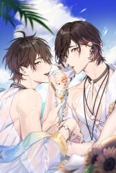 Rule 34 | 2boys, blue sky, blush, bracelet, brown eyes, brown hair, cloud, day, eiden (nu carnival), flower, food, hair between eyes, highres, holding, holding food, ice cream, ice cream cone, jewelry, looking at viewer, male focus, multicolored hair, multiple boys, nu carnival, open clothes, open mouth, outdoors, red eyes, red hair, sky, sonomi, sunflower, sweat, swimsuit, tongue, tongue out, twitter username, yakumo (nu carnival), yellow flower