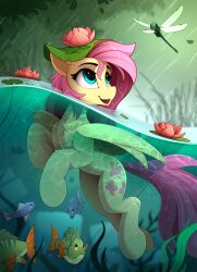 Rule 34 | 1girl, bad id, blue eyes, bug, dragonfly, fish, flower, fluttershy, highres, insect, lily pad, lotus, my little pony, my little pony: friendship is magic, no humans, outdoors, partially submerged, pegasus, pink flower, pink hair, water, yakovlev-vad, yellow fur