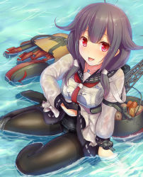 Rule 34 | 10s, 1girl, ahoge, animal print, arm support, bag, basket, black pantyhose, blush, breasts, clothes lift, commentary request, crane (machine), em s, fish print, food, hair flaps, hair ornament, kantai collection, long hair, long sleeves, looking at viewer, low twintails, magatama, neckerchief, open mouth, panties, panties under pantyhose, pantyhose, pantyhose under swimsuit, partially submerged, purple hair, red eyes, school swimsuit, school uniform, serafuku, sitting, skirt, skirt lift, smile, solo, swimsuit, swimsuit under clothes, taigei (kancolle), thighband pantyhose, tongue, tongue out, torpedo, twintails, underwear, water, wet, wet clothes, whale print