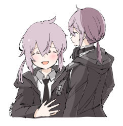 Rule 34 | 1girl, :d, antenna hair, black jacket, citron80citron, closed mouth, girls&#039; frontline, hair between eyes, hand on own chest, headphones, headphones around neck, jacket, long hair, m200 (girls&#039; frontline), necktie, open mouth, polo shirt, ponytail, purple eyes, purple hair, shirt, simple background, smile, solo, white background, white shirt