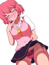 Rule 34 | 1girl, bell, black skirt, blue eyes, blush, breasts, gluteal fold, gyaru, highres, licking lips, lifting own clothes, looking at viewer, medium breasts, naughty face, panties, pastel (twinbee), pink hair, pink sweater, q:re (bit-test), shirt, short hair, side-tie panties, simple background, skirt, smile, solo, standing, sweater, sweater vest, tongue, tongue out, twinbee, underwear, white background, white shirt