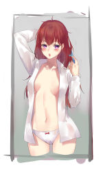 Rule 34 | 1girl, :o, arm behind back, arm up, bad id, bad pixiv id, blush, bow, bow panties, breasts, brushing hair, brushing own hair, collarbone, collared shirt, cowboy shot, cropped legs, grey background, highres, long hair, long sleeves, looking at viewer, makise kurisu, medium breasts, messy hair, navel, no bra, open mouth, panties, purple eyes, red bow, red hair, shirt, simple background, solo, steins;gate, stomach, tsurime, underwear, white shirt, wing collar, wujia xiaozi