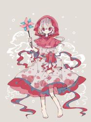 Rule 34 | 1girl, alternate costume, barefoot, capelet, commentary, dot mouth, dress, ebisu eika, full body, highres, hooded dress, jellyfish, long earlobes, looking at viewer, multicolored clothes, multicolored dress, one-hour drawing challenge, pinwheel, puffy sleeves, red capelet, red dress, red eyes, red ribbon, ribbon, roamu 65, socks, solo, touhou, white dress, white hair, white socks
