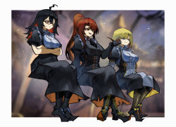 Rule 34 | 3girls, absurdres, ahoge, alternate costume, arm support, black dress, black hair, black jacket, black legwear, black skirt, blonde hair, blue eyes, blurry, boots, border, breasts, brown eyes, brown hair, castle, closed mouth, colored inner hair, cross-laced footwear, crossed arms, crossed legs, depth of field, dress, enma-chan, floating, frilled shirt, frills, glasses, halloween, halloween costume, high ponytail, highres, holding, holding smoking pipe, hololive, hololive english, invisible chair, j-chad, jacket, jenma-chan, long hair, medium breasts, multicolored hair, multiple girls, night, night sky, open clothes, open jacket, open mouth, outdoors, pantyhose, shirt, sitting, skirt, sky, smoking pipe, very long hair, virtual youtuber, vyragami, white border