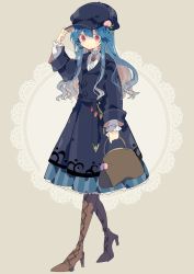 Rule 34 | 1girl, alternate costume, bag, blue coat, blue hair, blue hat, blue skirt, blush, boots, brooch, brown bag, brown footwear, cabbie hat, center frills, chain, closed mouth, coat, commentary, cross-laced footwear, frilled skirt, frilled sleeves, frills, full body, hand on headwear, handbag, hat, high heel boots, high heels, highres, hinanawi tenshi, jewelry, long hair, long sleeves, looking at viewer, nikorashi-ka, peach hat ornament, red eyes, shirt, skirt, solo, thigh boots, touhou, white shirt