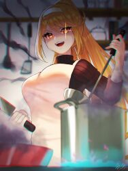 Rule 34 | 1girl, :d, apron, black sweater, blonde hair, blurry, blurry background, breasts, cooking pot, depth of field, hair between eyes, hairband, high ponytail, highres, holding, holding knife, indoors, knife, kyosuke1413koba, ladle, large breasts, long hair, long sleeves, mythra (xenoblade), open mouth, ponytail, red eyes, ribbed sweater, smile, solo, sweater, turtleneck, turtleneck sweater, very long hair, white apron, white hairband, xenoblade chronicles (series), xenoblade chronicles 2