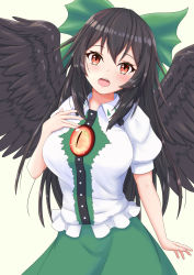 Rule 34 | 1girl, :d, absurdres, bird wings, black hair, black wings, blush, bow, breasts, commentary request, cowboy shot, green bow, green skirt, hair bow, hand on own chest, highres, large breasts, long hair, looking at viewer, o1118, open mouth, puffy short sleeves, puffy sleeves, red eyes, reiuji utsuho, shirt, short sleeves, simple background, skirt, smile, solo, third eye, touhou, very long hair, white background, white shirt, wings