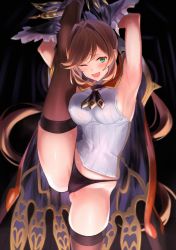Rule 34 | 1girl, absurdres, armpits, arms behind head, arms up, black neckwear, black panties, blush, breasts, brown thighhighs, cape, clarisse (granblue fantasy), gloves, granblue fantasy, hair intakes, hair ribbon, highres, large breasts, long hair, looking at viewer, one eye closed, open mouth, orange hair, panties, ponytail, red cape, ribbed shirt, ribbon, shirt, skindentation, skirt, sleeveless, sleeveless shirt, smile, solo, split, standing, standing on one leg, standing split, sweat, swept bangs, thighhighs, thighs, ulrich (tagaragakuin), underwear, unworn skirt, white shirt