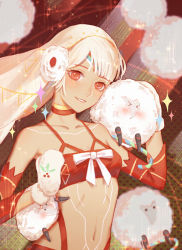 Rule 34 | 1boy, 1girl, altera (fate), altera the santa (fate), animal, bare shoulders, choker, collarbone, commentary request, culi shao, dark-skinned female, dark skin, detached sleeves, earmuffs, fate/grand order, fate (series), gloves, headdress, holding, holding animal, looking at viewer, midriff, multicolored background, navel, parted lips, red eyes, sheep, short hair, smile, solo, stomach, tan, tattoo, upper body, veil, white hair