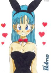 Rule 34 | 1girl, animal ears, aqua hair, bad id, bad photobucket id, bare shoulders, black leotard, blue eyes, blue hair, blush, bow, bowtie, breasts, bulma, character name, cleavage, collarbone, dated, detached collar, dragon ball, fake animal ears, female focus, hairband, heart, leotard, light blue hair, long hair, looking at viewer, matching hair/eyes, parted lips, playboy bunny, rabbit ears, red bow, simple background, smile, solo, strapless, traditional media, upper body, white background, worson2009