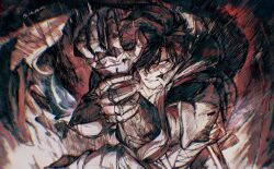 Rule 34 | 1boy, armor, black hair, clive rosfield, facial scar, fighting stance, final fantasy, final fantasy xvi, furrowed brow, hair between eyes, hair over one eye, highres, holding own arm, male focus, messy hair, metal gloves, parted lips, piyomotsu, red theme, scar, scar on cheek, scar on face, short hair, shoulder armor, solo, upper body