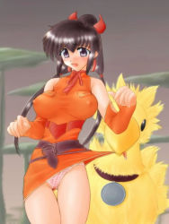 Rule 34 | 00s, belt, breasts, chocobo, clothes lift, covered erect nipples, detached sleeves, dress, dress lift, final fantasy, final fantasy unlimited, large breasts, lisa pacifist, panties, pink panties, ribbon, skirt, skirt lift, solo, striped clothes, striped panties, thigh gap, thighs, underwear