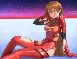 Rule 34 | 1girl, aged up, arm support, blue eyes, blush, bodysuit, breasts, curvy, doll39, embarrassed, evangelion: 3.0+1.0 thrice upon a time, hair between eyes, hair down, hand in own hair, horizon, large breasts, long hair, looking at viewer, neon genesis evangelion, night, night sky, orange hair, plugsuit, rebuild of evangelion, red bodysuit, shiny clothes, shiny skin, sitting, sky, solo, souryuu asuka langley, star (sky), starry sky, torn bodysuit, torn clothes, very long hair, wide hips