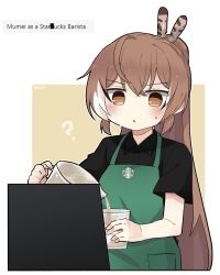 Rule 34 | 1girl, ?, ahoge, apron, bad id, bad twitter id, barista, black shirt, brown eyes, brown hair, censored, censored text, coffee, collared shirt, cup, feather hair ornament, feathers, gyaheung, hair ornament, hairclip, hololive, hololive english, long hair, multicolored hair, nanashi mumei, pitcher (container), polo shirt, ponytail, shirt, starbucks, starbucks siren, streaked hair, sweat, uniform, very long hair, virtual youtuber
