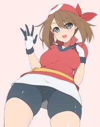 Rule 34 | 1girl, bandana, belt, bike shorts, blush, breasts, breasts apart, brown hair, collarbone, collared shirt, cowboy shot, creatures (company), female focus, game freak, gluteal fold, grey eyes, hands up, highres, large breasts, looking at viewer, may (pokemon), medium hair, natsuki straight, nintendo, open mouth, pink background, pokemon, pokemon rse, red headwear, red shirt, shiny clothes, shirt, short sleeves, sidelocks, simple background, skindentation, solo, standing, teeth, thighs, undershirt, white shirt, wide hips
