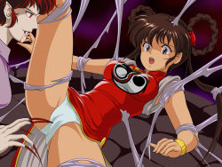 Rule 34 | 1990s (style), 2girls, bad id, bad pixiv id, blood, braid, breasts, brown eyes, brown hair, cameltoe, china dress, chinese clothes, dress, fangs, fingernails, jpeg artifacts, long fingernails, mamono hunter youko, mano youko, multiple girls, open mouth, panties, red eyes, retro artstyle, silk, solo focus, spider web, spread legs, tamanegiinyo, tentacles, thighs, underwear, vampire, white panties, yin yang, you gonna get raped, yuri